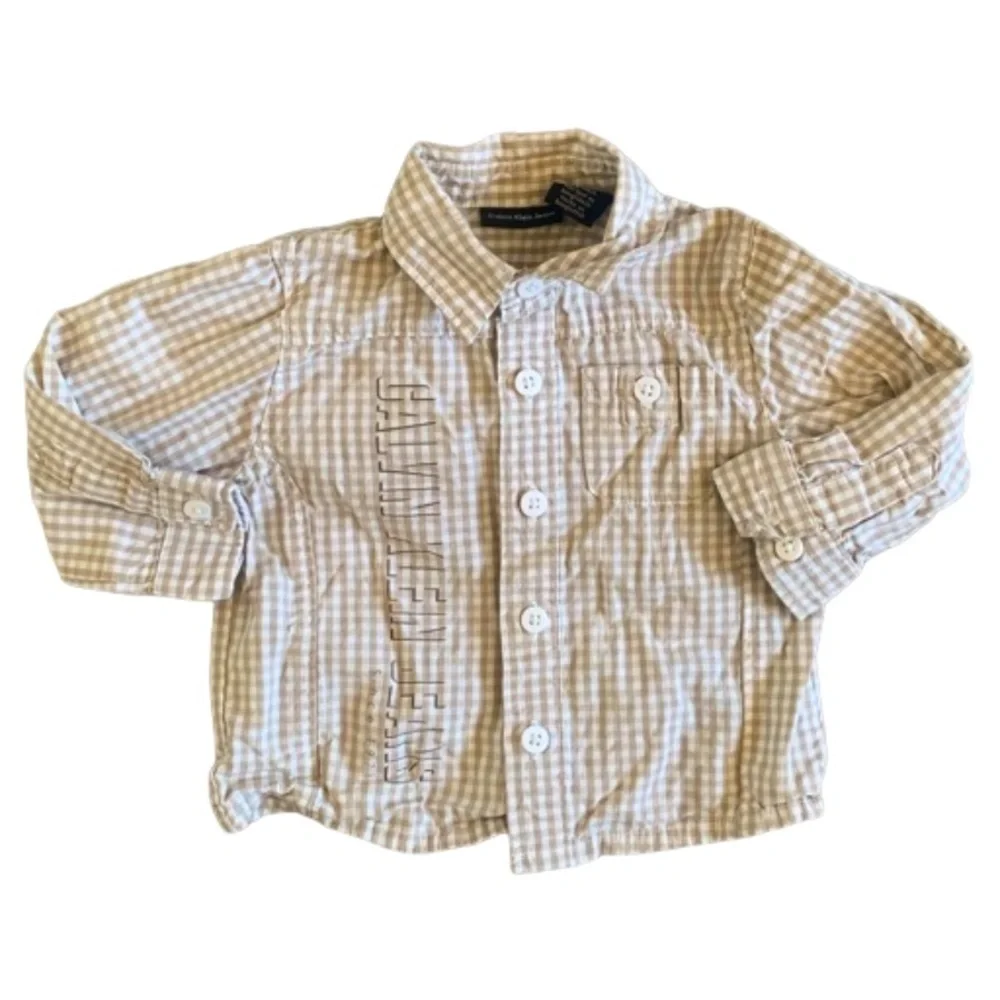 Calvin Klein Jeans Tan Checkered Button Down with Blue Denim Jeans